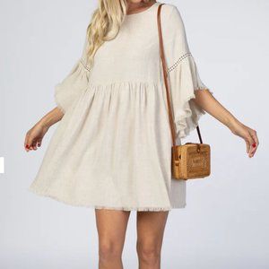 Beige Raw Edge Bell Sleeve Babydoll Maternity Dress by PinkBlush